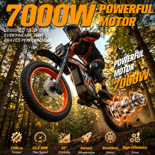 53.8MPH Electric Dirt Bike for Adult,7000W Peak Power,67.2V Output 30Ah Full Suspension System, 2016Wh Battery, 78 Miles, 20×4.0 Fat Tires, Dual Hydraulic Disc Brake,5-Speed Level,220Nm Top Torque