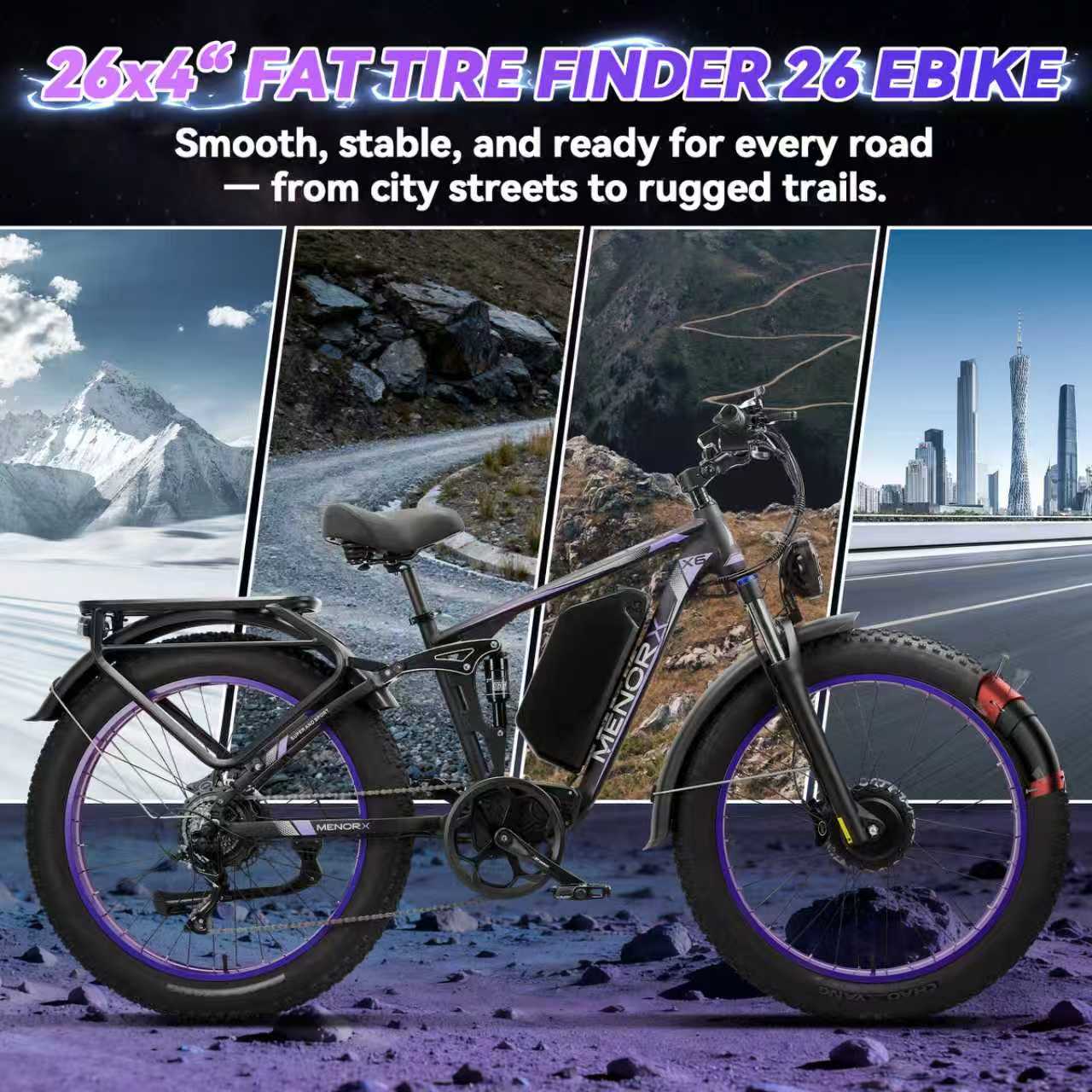 MENORX X3 Dual Motor Electric Bike 26"x4" Fat Tire  Full Suspension