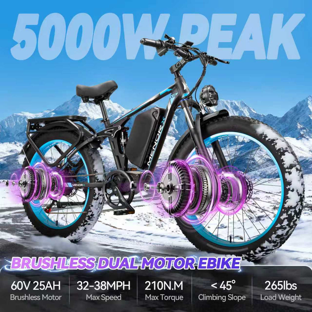 MENORX X3 Dual Motor Electric Bike 26"x4" Fat Tire  Full Suspension